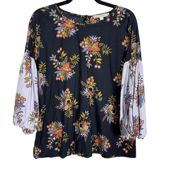 LOFT M Navy Blue Floral Lantern Sleeve Blouse Button Back 3/4 Sleeve Flowermix - Picture 1 of 10